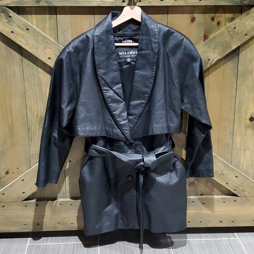 WILSONS THINSULATE BLACK LEATHER SHORT COAT JACKET W SASH BELT MOD GRUNGE CITY
